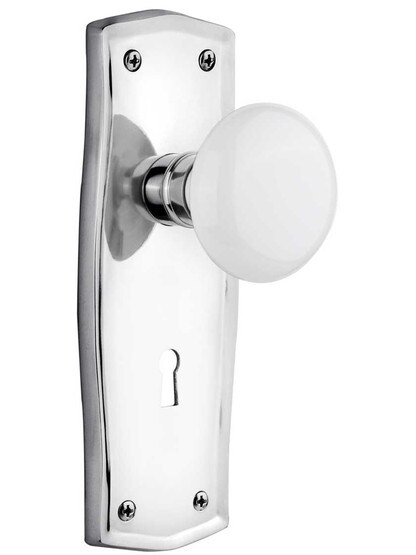 Prairie Design Mortise Lock Set With White Porcelain Door Knobs in Polished Chrome.